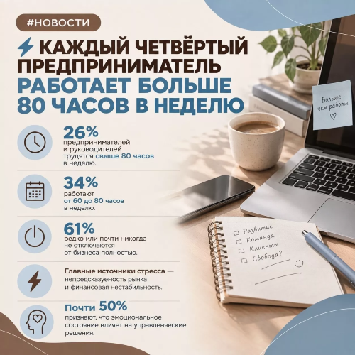 Каждый четвёртый предприниматель работает больше 80 часов в неделю